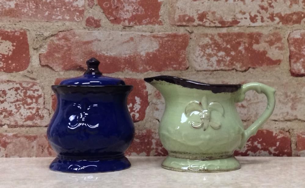 Tuscany Colorful Ceramic Hand Painted Fleur De Lis Cream & Sugar Set of 2pcs
