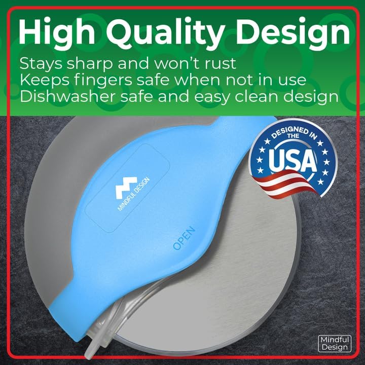 Mindful Design Pizza Cutter Wheel with Protective Blade Cover, Easy to Clean and Dishwasher Safe Ergonomic Pizza Slicer (Blue) - Culinary Roots