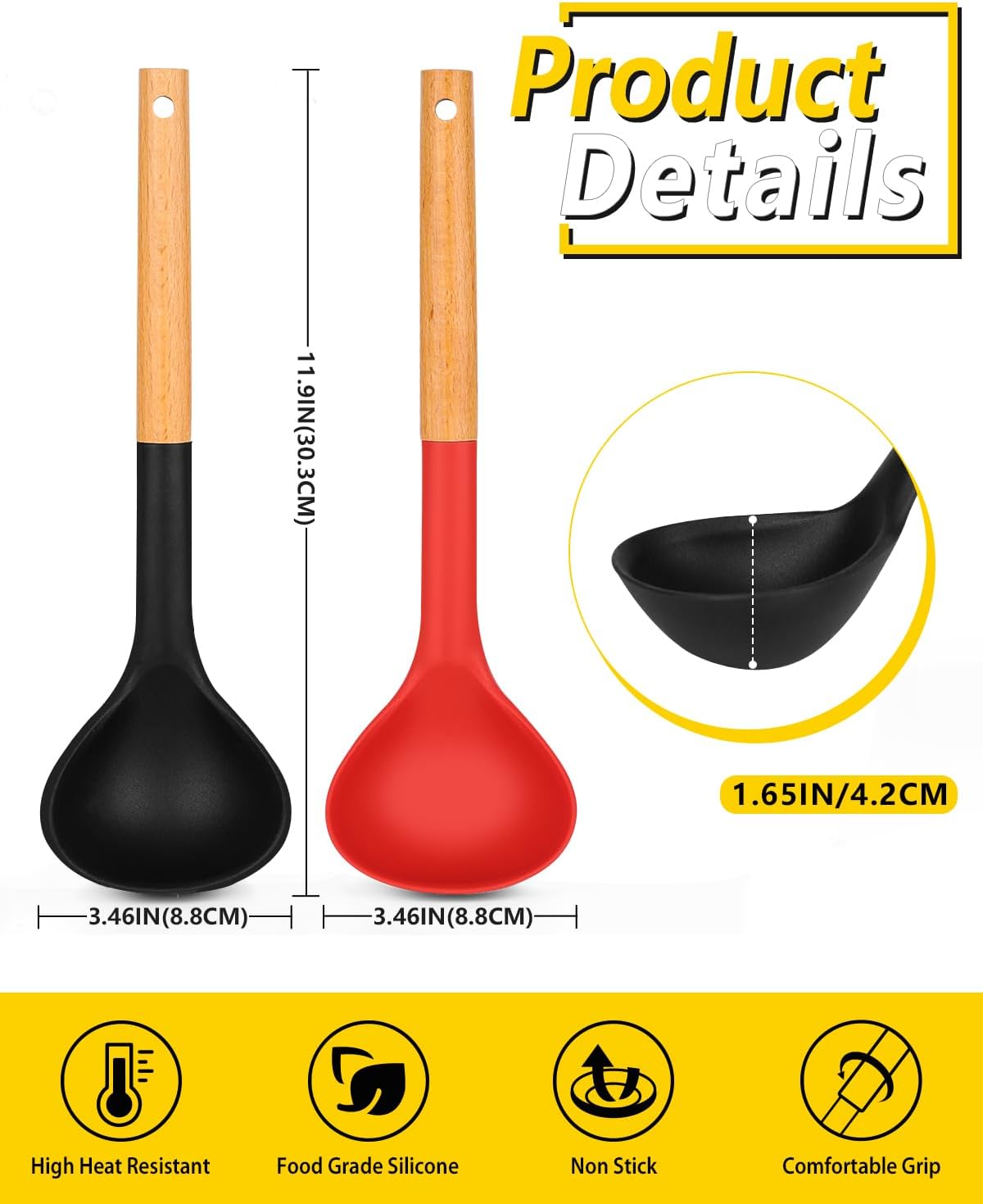 Pack of 2 Soup Ladle, Silicone Ladle Spoon with Wooden Handle, Large Non Stick High Heat Resistant Kitchen Utensils for Cooking, Stirring, Serving Soups(BLACK-RED) - Culinary Roots