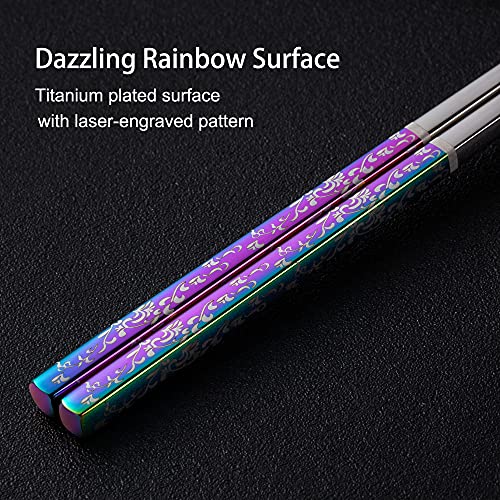 Metal Chopsticks Reusable Dazzling Rainbow Stainless Steel Chopsticks Titanium Plated Dishwasher Safe Fancy Laser Engraved Korean Japanese Chop Sticks Multicolor 2 Pairs Gift Set