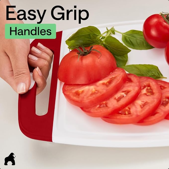GORILLA GRIP BPA-Free Reversible Kitchen Cutting Board Set of 3, US Designed, Nonporous, Juice Grooves Catch Liquid, Slip Resistant Border, Dishwasher Safe, Durable Large Food Chopping Boards, Red