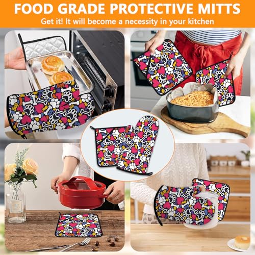 Paw Prints Oven Mitts and Bones Hearts Pot Holders Sets 4Pcs