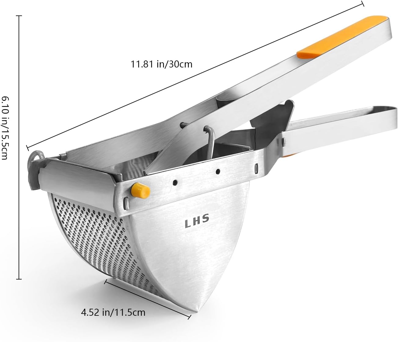 LHS Stainless Steel Potato Ricer and Masher, Heavy Duty Commercial Food Masher, Ergonomic Comfort Grip, Extra Large Capacity, Dishwasher Safe (Orange) - Culinary Roots