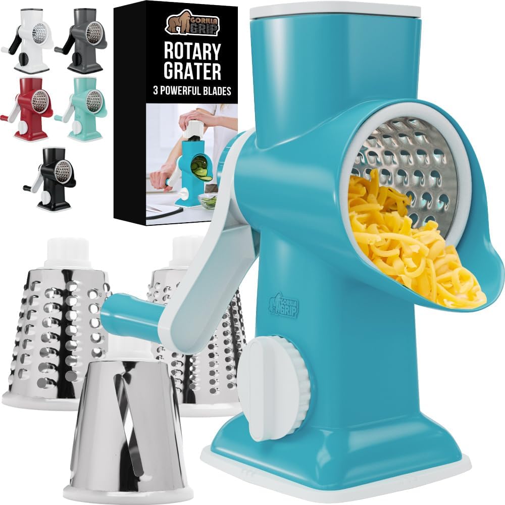 GORILLA GRIP BPA-Free Rotary Cheese Grater Hand Crank, Easy to Set Up, Strong Suction Base for Kitchen Countertop, Shred Potato, Vegetable, Nuts in Seconds, Round Mandoline Slicer, 3 Blades, Turquoise - Culinary Roots