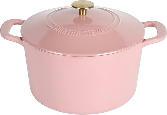MARTHA STEWART Gatwick 7-Quart Enamel Cast Iron Dutch Oven Pot with Lid – Pink – Heavy-Duty Dutch Oven for Slow Cooking, Braising & Baking