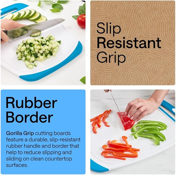 GORILLA GRIP BPA-Free Reversible Kitchen Cutting Board Set of 3, US Designed, Nonporous, Juice Grooves Catch Liquid, Slip Resistant Border, Dishwasher Safe Large Food Chopping Boards, Black Aqua Gray