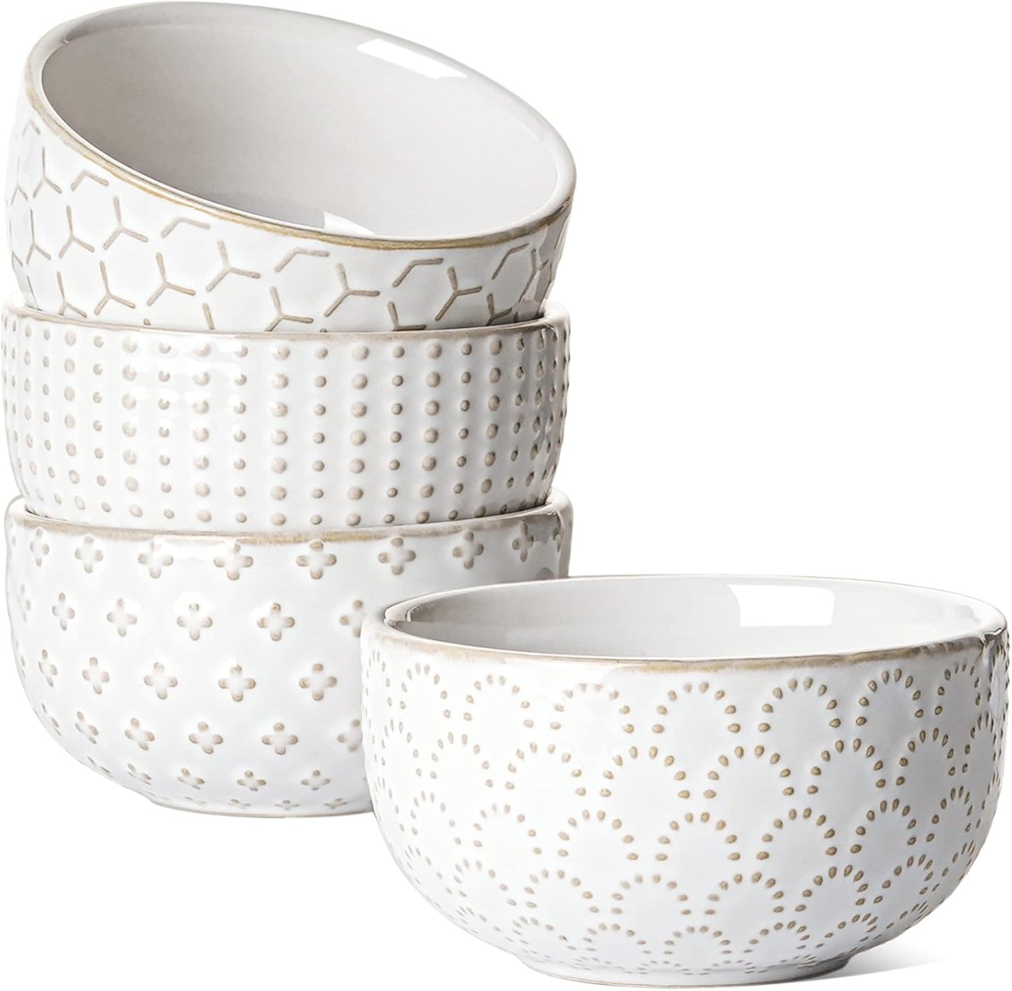 LE TAUCI Small Bowls 7 OZ, Ceramic Embossment Stoneware Bowl for Dipping, Side Dish, Sauce, Appetizer, Dessert, Sushi, Suit For House-warming - 3.5 inch, Set of 4, Arctic white - Culinary Roots