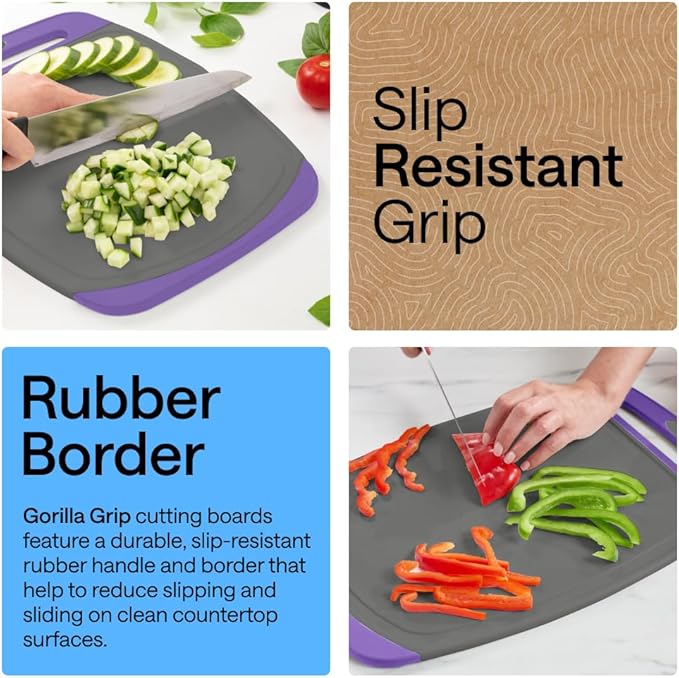 GORILLA GRIP BPA-Free Reversible Kitchen Cutting Board Set of 3, US Designed, Nonporous, Juice Grooves Catch Liquid, Slip Resistant Border, Dishwasher Safe, Durable Food Chopping Boards, Gray Purple