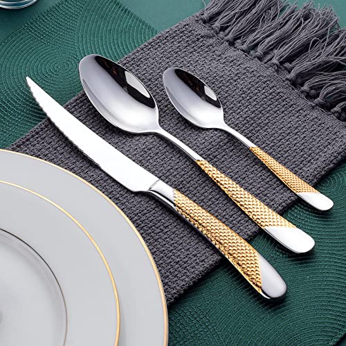 Hammered Silver Gold Silverware Set (24 Count)