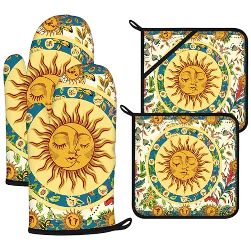 Sun and Moon Oven Mitts and Pot Holders Sets 4Pcs