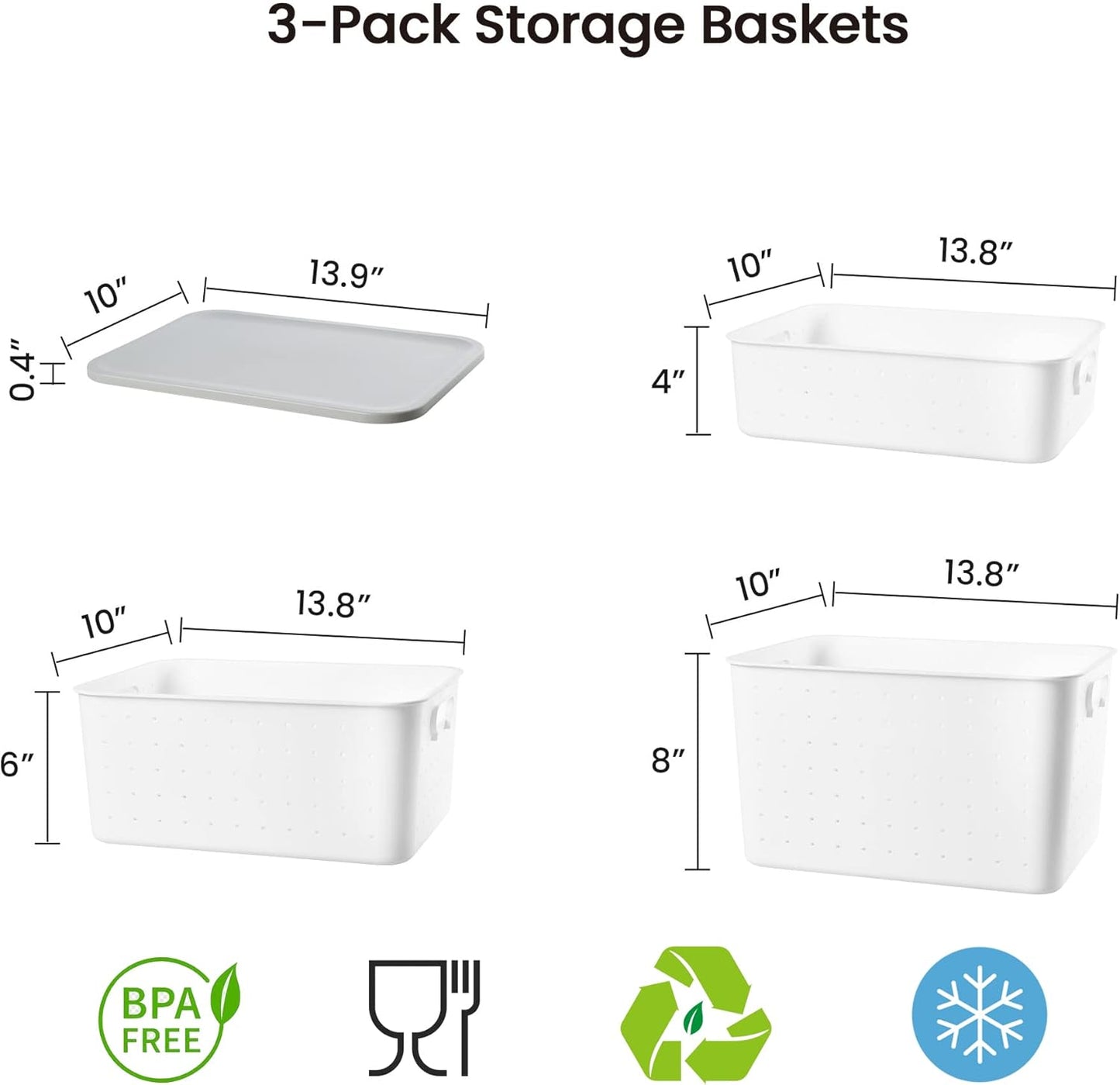 vacane 3 Pack Decorative Storage Bins with Lids, White Plastic Storage Basket for Organizing Stackable Storage Box with Handle on Closets,Classrooms,Offices
