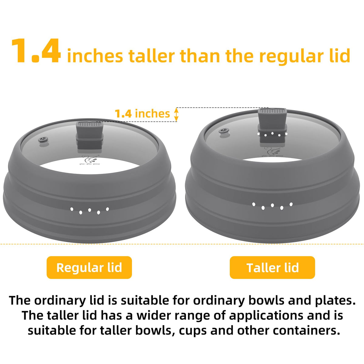 Tall Microwave Splatter Cover Glass Cover Guard Lid 5.8 inch Height with Collapsible Silicone for Food Pot Plate 10.8 inch Grey