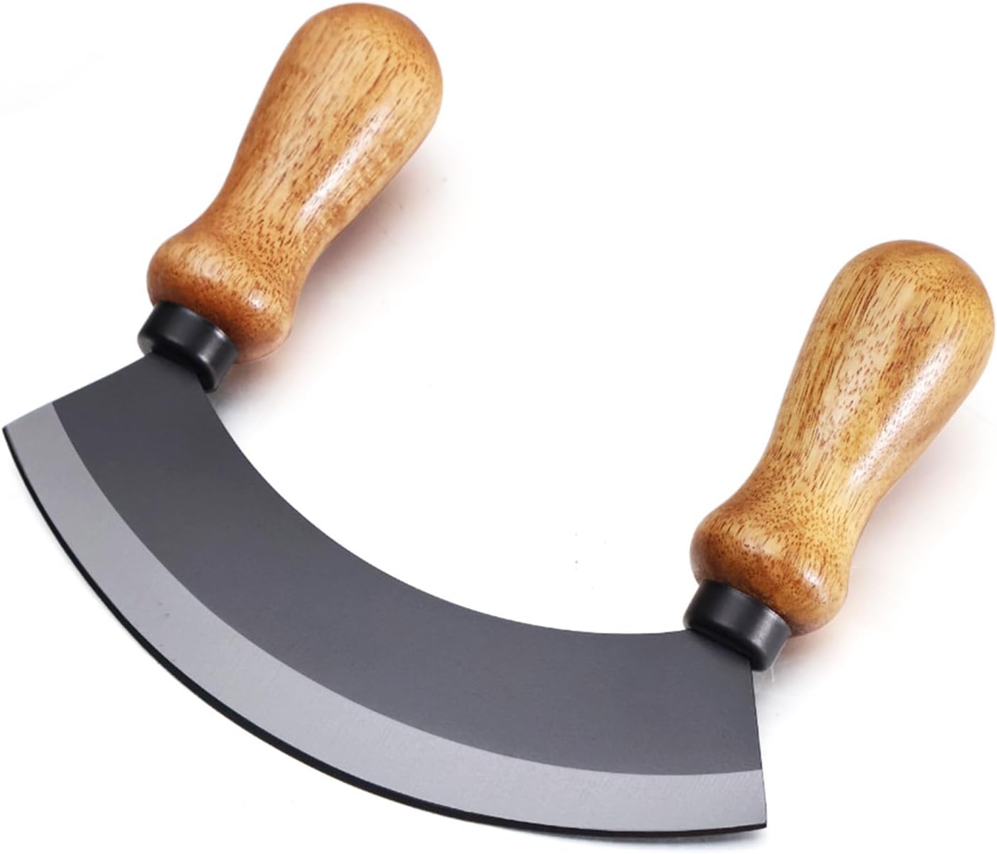 5.4 Inch Stainless Steel Mezzaluna Knife - Salad Chopper Rocker Pizza Cutter Rocker Knife Curved Blade Sharp Blade Double Acacia Wood Handle Fruit Vegetable Mincing (5.4 Inch Black) - Culinary Roots