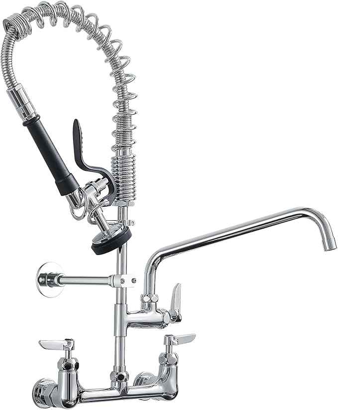 Fapully Commercial Kitchen Faucet,Wall Mount Kitchen Sink Faucet with Pre-Rinse Pull Down Sprayer,25‘’ Height 8'' Center 3 Compartment Sink Faucets with 12.2'' Swing Spout Chrome
