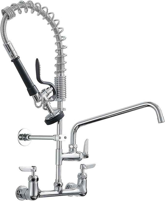 Fapully Commercial Kitchen Faucet,Wall Mount Kitchen Sink Faucet with Pre-Rinse Pull Down Sprayer,25‘’ Height 8'' Center 3 Compartment Sink Faucets with 12.2'' Swing Spout Chrome