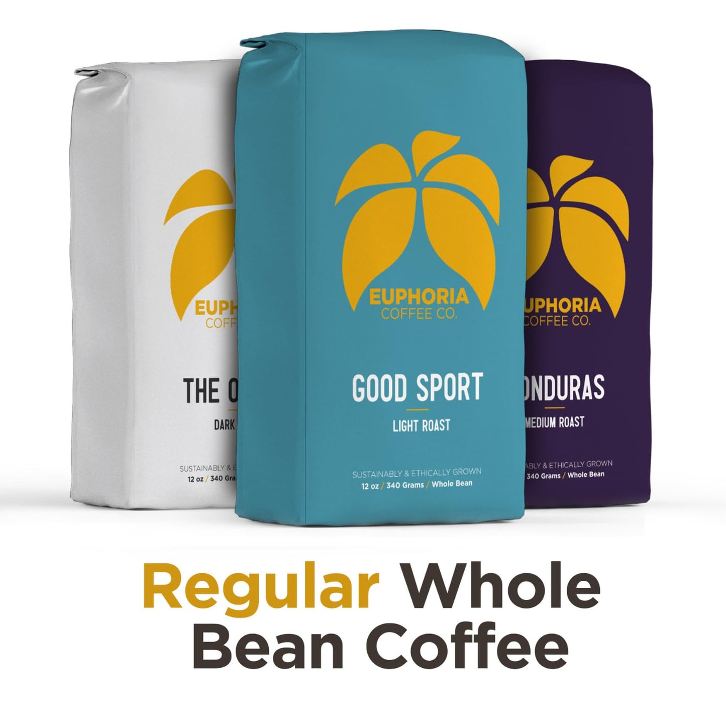 EUPHORIA COFFEE CO. Whole Bean Variety Pack with Good Sport Light Roast, Honduras Medium Roast, and The Office Dark Roast | 12oz Bag (3 Pack)