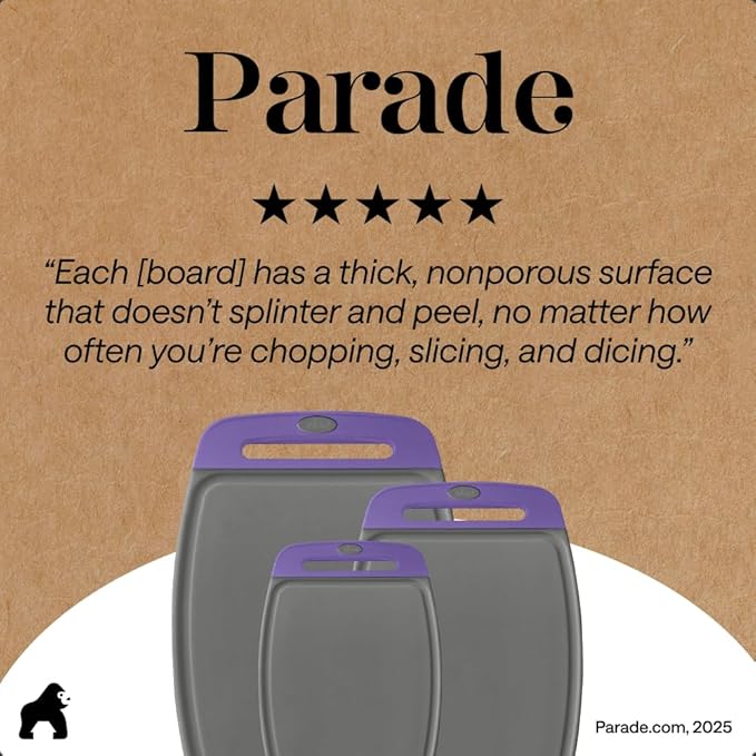 GORILLA GRIP BPA-Free Reversible Kitchen Cutting Board Set of 3, US Designed, Nonporous, Juice Grooves Catch Liquid, Slip Resistant Border, Dishwasher Safe, Durable Food Chopping Boards, Gray Purple