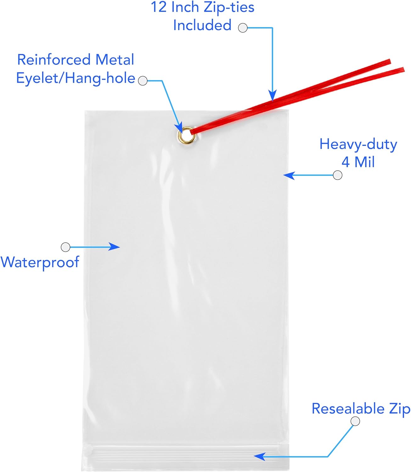GPI - 5.75" x 11" Recloasbale Zip Bags with Bottom Hang-hole & Pre-inserted 12" Twist-tie. 4 Mil Heavy-duty Resealable Zipper Baggy with Grommet/Metal Eyelet for Hanging (Insert Size 5x9.5) 100 Pack