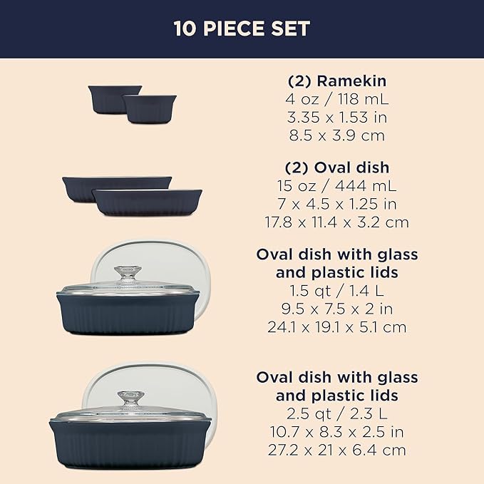 CorningWare Ceramic Bakeware Set with Lids Chip and Crack Resistant Stoneware Baking Dish, Microwave, Dishwasher, Oven, Freezer and Fridge Safe, 10-Piece French Navy