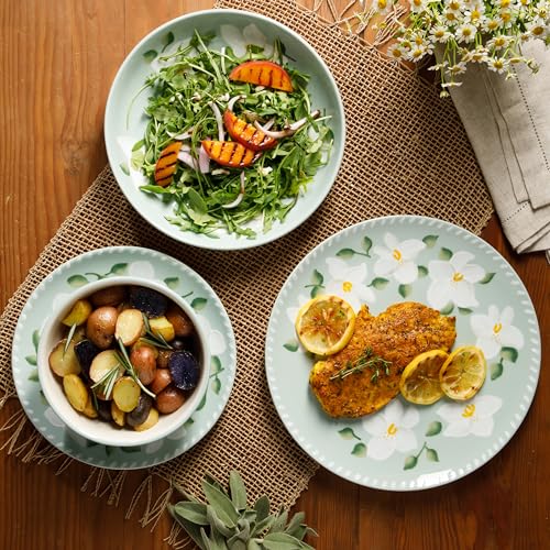 Magnolia Bloom 16 Piece Double Bowl Hand Painted Stoneware Plates and Bowls Floral Dinnerware Set