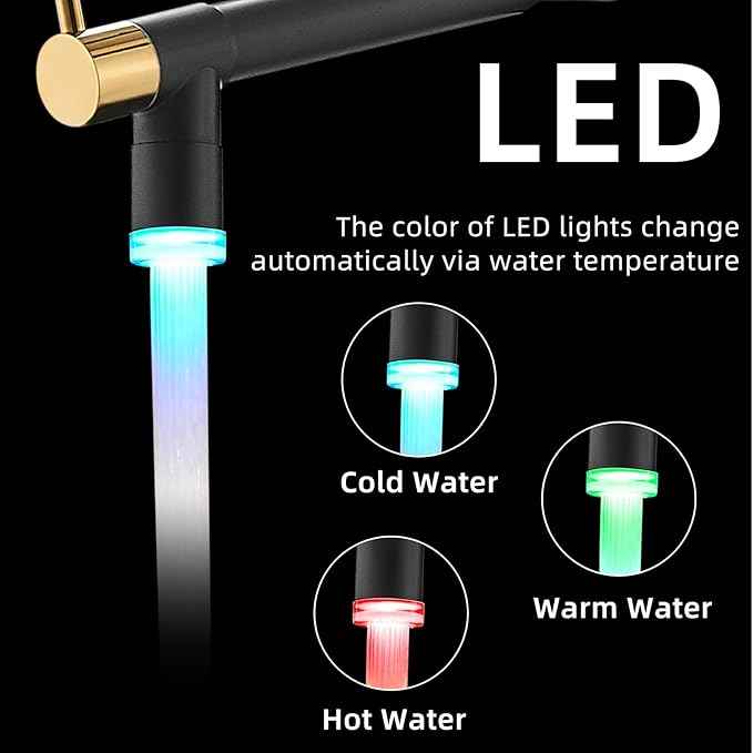 Fapully LED Kitchen Faucet with Pull Down Sprayer,Black&Gold Commercial Kitchen Faucet for Kitchen Sink