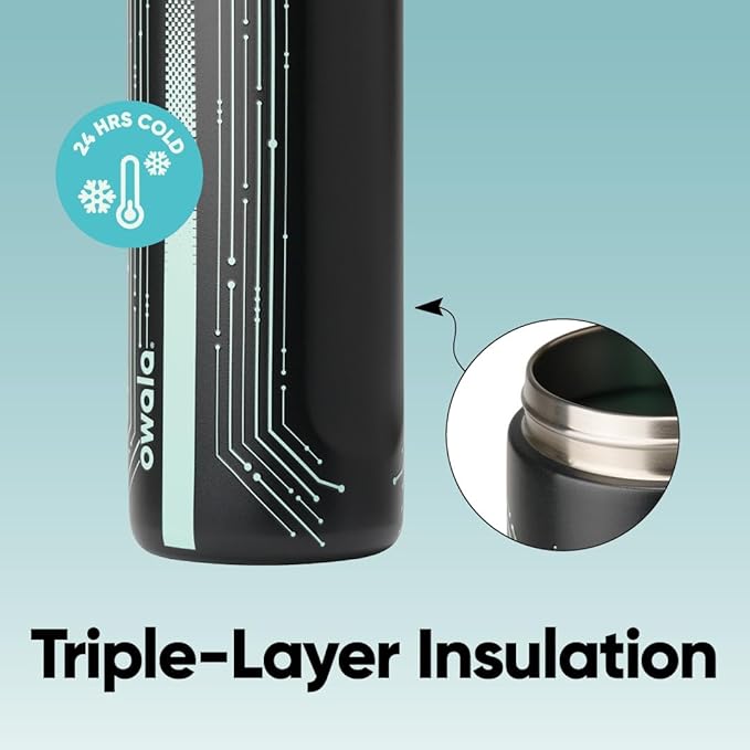 Owala TRON FreeSip Insulated Stainless Steel Glow in the Dark Water Bottle with Straw for Sports and Travel, BPA-Free, 24 oz, Black