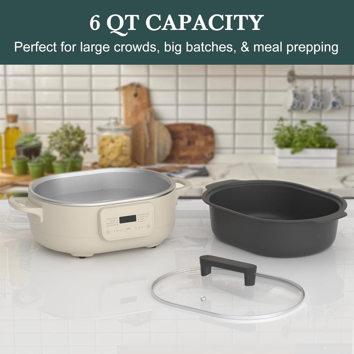 6 Quart Slow Cooker, with 8-in-1 Multi-Cooker, Casserole Programmable crock pot, Dutch Oven, Pasta, Nonstick, Oven Safe Pot to 500°F, Oatmeal - Culinary Roots