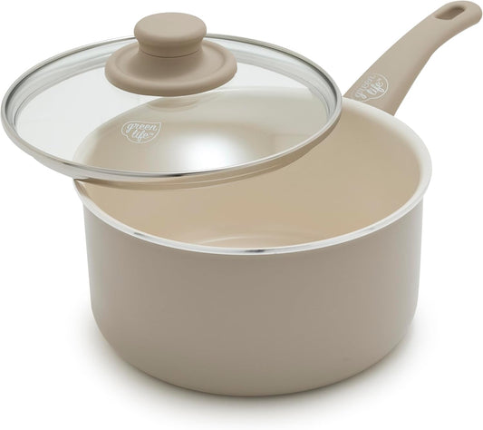 GreenLife 2 Quart Ceramic Nonstick Saucepan with Lid, PFAS-Free, Stay-Cool Handle, Multipurpose Kitchen Cooking Pot, Dishwasher & Oven Safe, Taupe - Culinary Roots