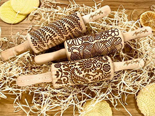 FLORAL 3 Small Textured Rolling Pin Set. Wooden laser engraved embossing dough roller for embossed cookies gift for Birthday