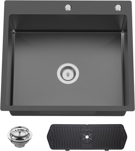 Black Kitchen And Bar Sink, 25x22 Inch Stainless Steel Drop In Kitchen Sink Modern Single Bowl Topmount Bar Sink Combo-Silicon Mat,Drain Strainer Set Compatibility With Various Kitchen & Bar Style