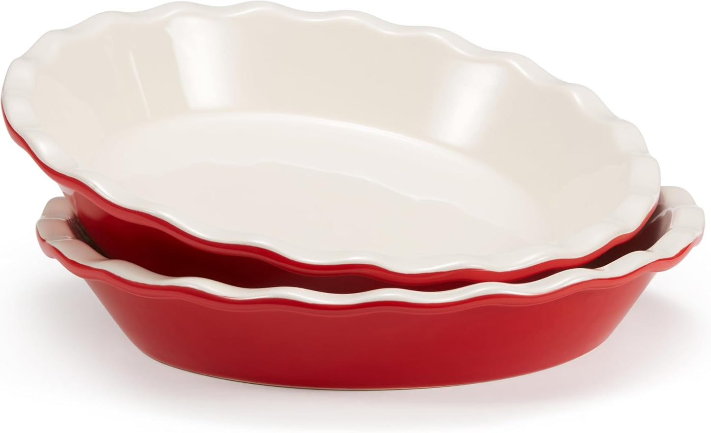 KooK Pie Pan, Ceramic Reusable Round Pie Dish, Quiche Baking Dish, Deep, Wave Edge, For Cakes, Tart, Casseroles, Tarts, Microwave, Oven and Dishwasher Safe, 9-Inch, 36 oz, Set of 2, Cherry - Culinary Roots