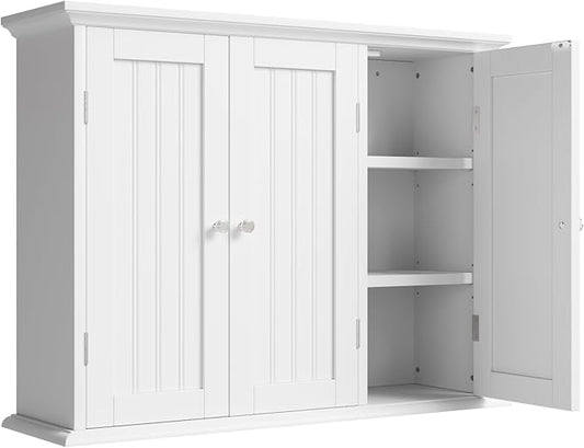ChooChoo Bathroom Wall Cabinet with 3 Doors, Laundry Cabinet Wall Mounted, Medicine Cabinet with Adjustable Shelves, Hanging Kitchen Cupboard Organizer, White