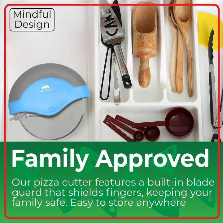 Mindful Design Pizza Cutter Wheel with Protective Blade Cover, Easy to Clean and Dishwasher Safe Ergonomic Pizza Slicer (Blue) - Culinary Roots