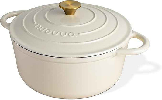 Cast Iron Pot with Lid – Non-Stick Ovenproof Enamelled Casserole Pot, Oven Safe up to 500° F – Sturdy Dutch Oven Cookware – Cream, 5-Quart, 24cm – by Nuovva