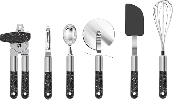 6 Pcs Elegant Black Kitchen Tools & Gadgets Set with White Speckles- Kitchen Gadget Set Includes Can Opener, Spatula and Peeler - Stainless Steel Cooking Accessories, Ideal for Gifting