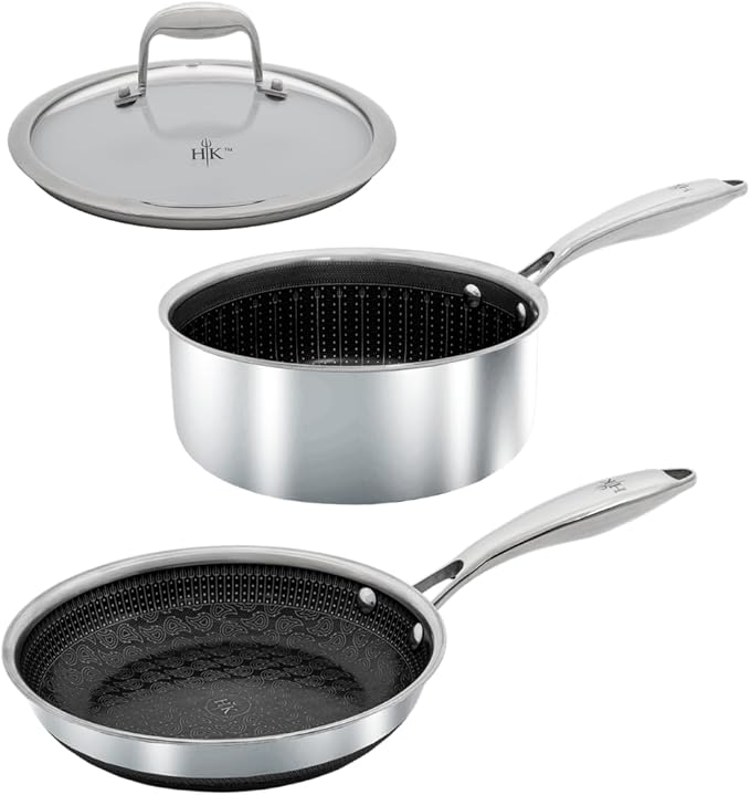 Hell's Kitchen Hybrid Cookware Set, Tri-Clad Stainless and Nonstick Ceramic, PFAS Free Non Toxic Cookware, Metal Utensil Safe, All Cooktops, Induction Ready and Oven Safe (3 Piece Starter Set)