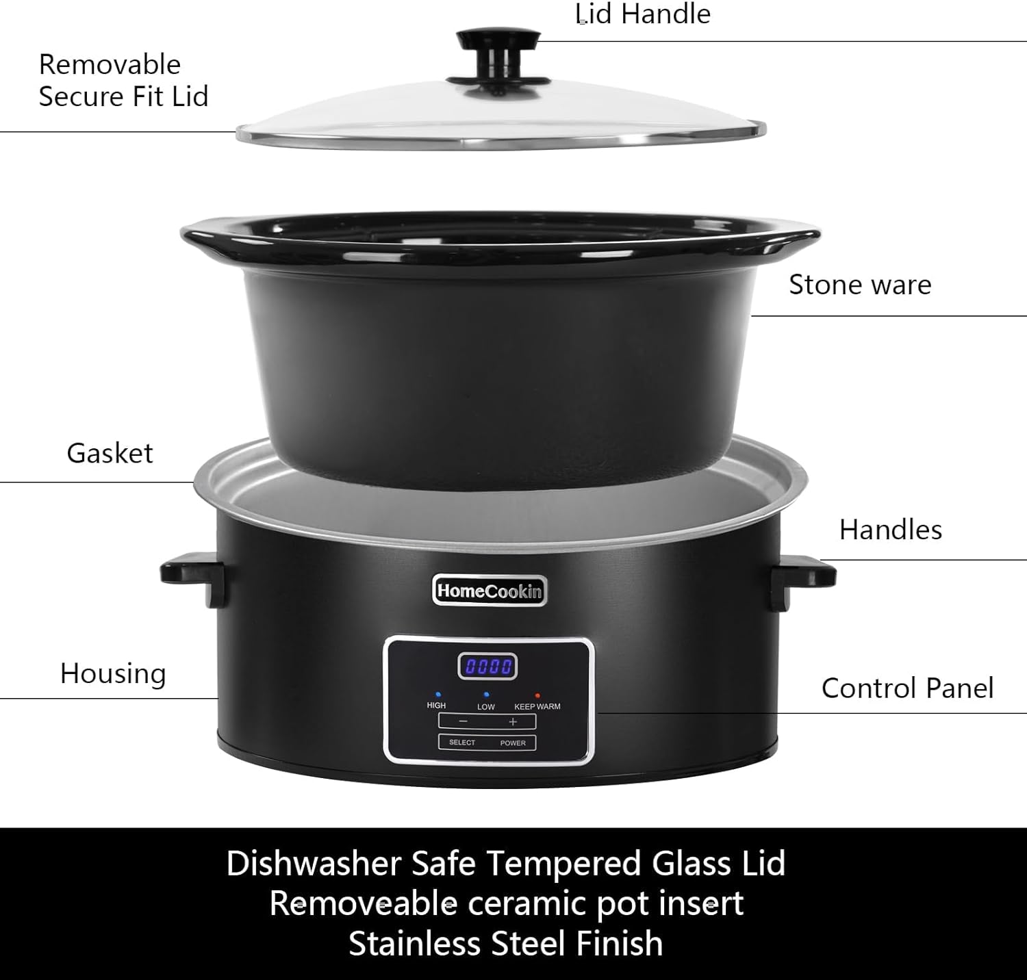 HOMECOOKIN 8 Quart Programmable Slow Cooker, Kitchen Appliances, Perfect Kitchen Small Appliance for Family Dinners, Black Stainless Steel - Culinary Roots