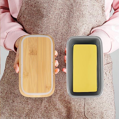 Ceramic Butter Dish with Bamboo Lid and Stainless Steel Knife Spreader Grey