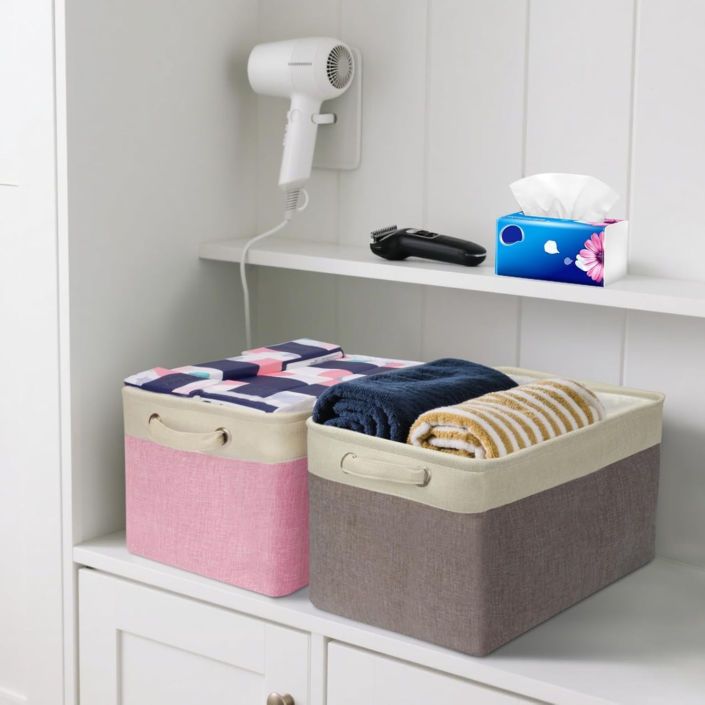 BALEINE 2 Pack Fabric Storage Bins for Shelves, Linen Storage Baskets for Organizing, Decorative Closet Bins for Clothes, Home (Pink, 15''x11''x9.5'')