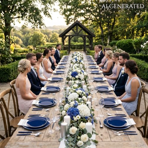 175Pcs Blue Plastic Plates with Silver Rim & Disposable Silverware with Blue Handle & Silver