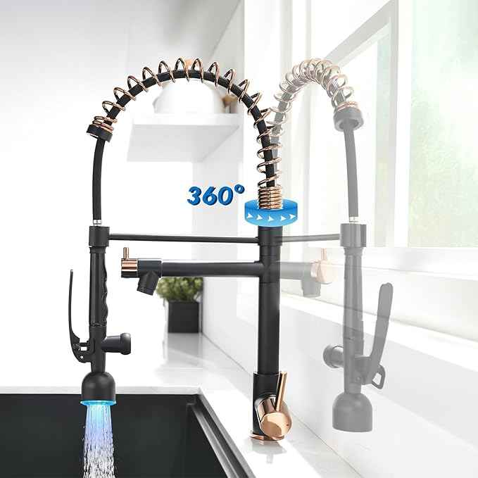 Fapully Commercial Single Handle Pull Down Sprayer Black&Rose Gold Kitchen Faucet,Kitchen Sink Faucet with LED Light