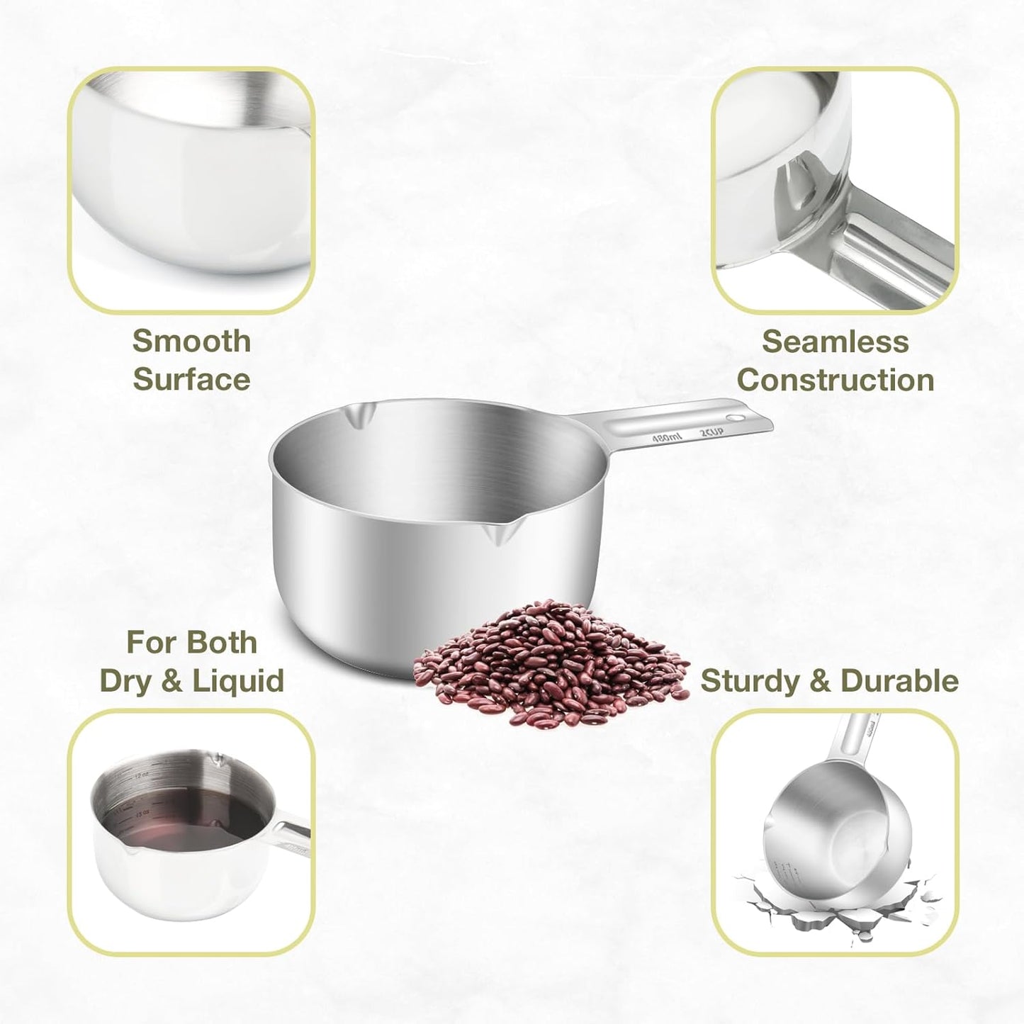 2PCS Stainless Steel Measuring Cup Set, Includes 2Cup(480ml, 16oz) and 1Cup (240ml, 8oz), Etched Inner Scale Measure Scoop, Metric and US Measurement, Dishwasher Safe