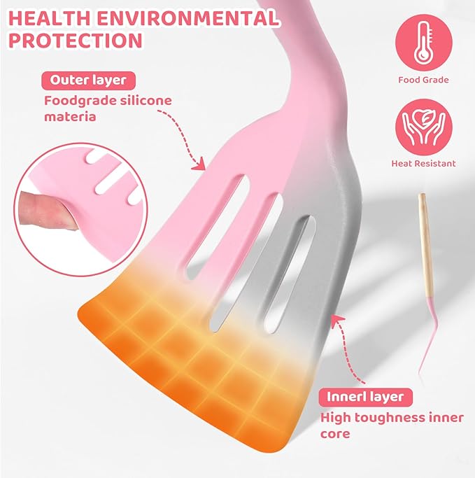 37 PCS Kitchen Utensils Set, Silicone Cooking Utensils Set with Knife Set and Holder, Wooden Handle Kitchen Tool Set (Pink)