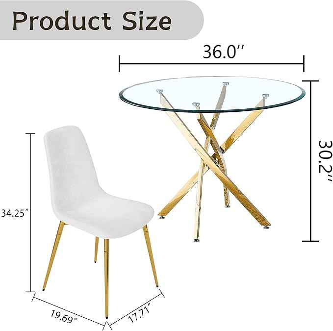 AF ARTISAN FURNITURE 36" Round Glass Dining Table Set for 4, 5-Piece Modern Kitchen Table with 4 White Velvet Chairs, Modern Circle Leisure Table for Home Office Dining Room Small Spaces (Gold Leg)