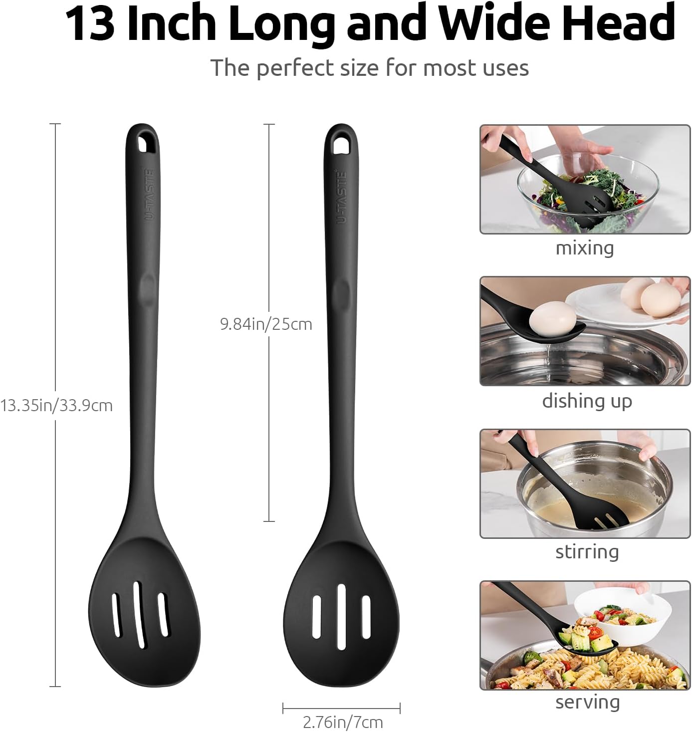 600ºF Heat Resistant Slotted Spoon: U-Taste 13.3in Solid Kitchen Cooking Spoon, Nonstick Food Grade Large & Long Rubber Utensil for Mixing, Serving, Stirring, Basting, Frying, Draining (Black) - Culinary Roots