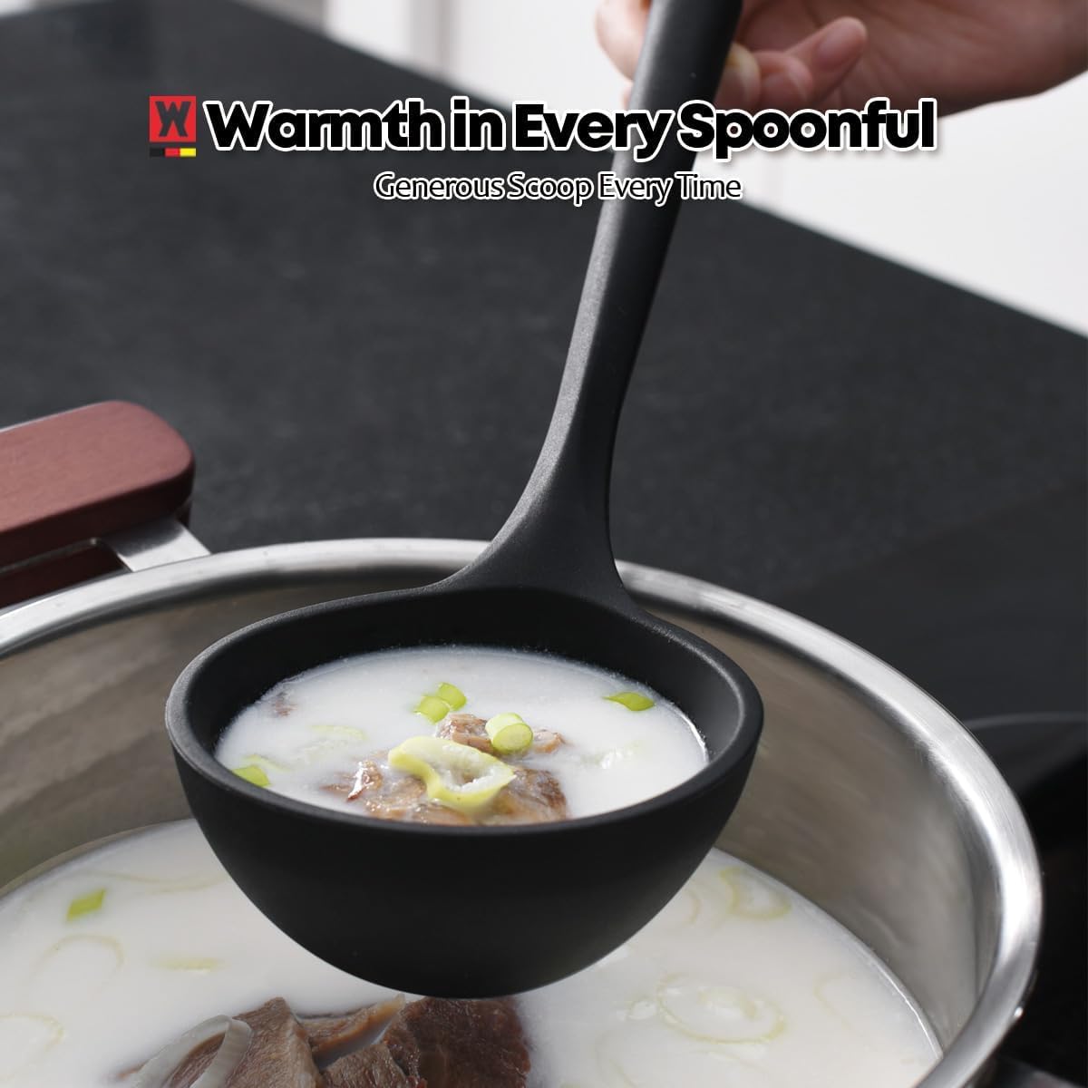 Set of 2pc Silicone Cooking Utensils: Wooden Handle Ladle + Long Head Serving & Cooking Spoon, Heat Resistant, BPA Free, Scratch-Resistant Surface Design - Culinary Roots
