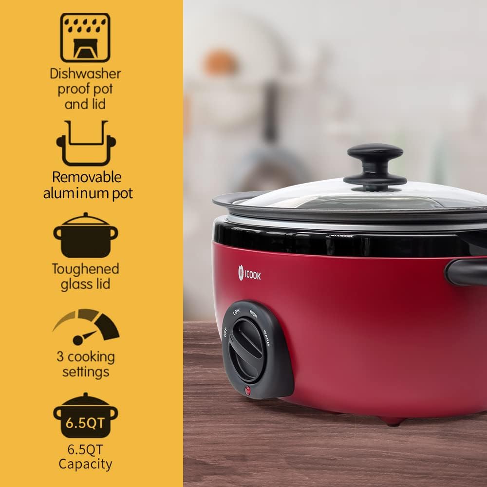 ICOOK USC-65-OP001RD 6.5 Quart Slow Cooker,Aluminium Sear/Sauté Stew Pot Stovetop safe,Dishwasher Safe,Glass Lid,Adjustable Temp,Food Warmer(Red) - Culinary Roots