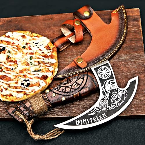 Pizza Cutter Axe Rocker Carbon Steel Slicer Chef Pizza Cutter Viking Axe with Leather Cover