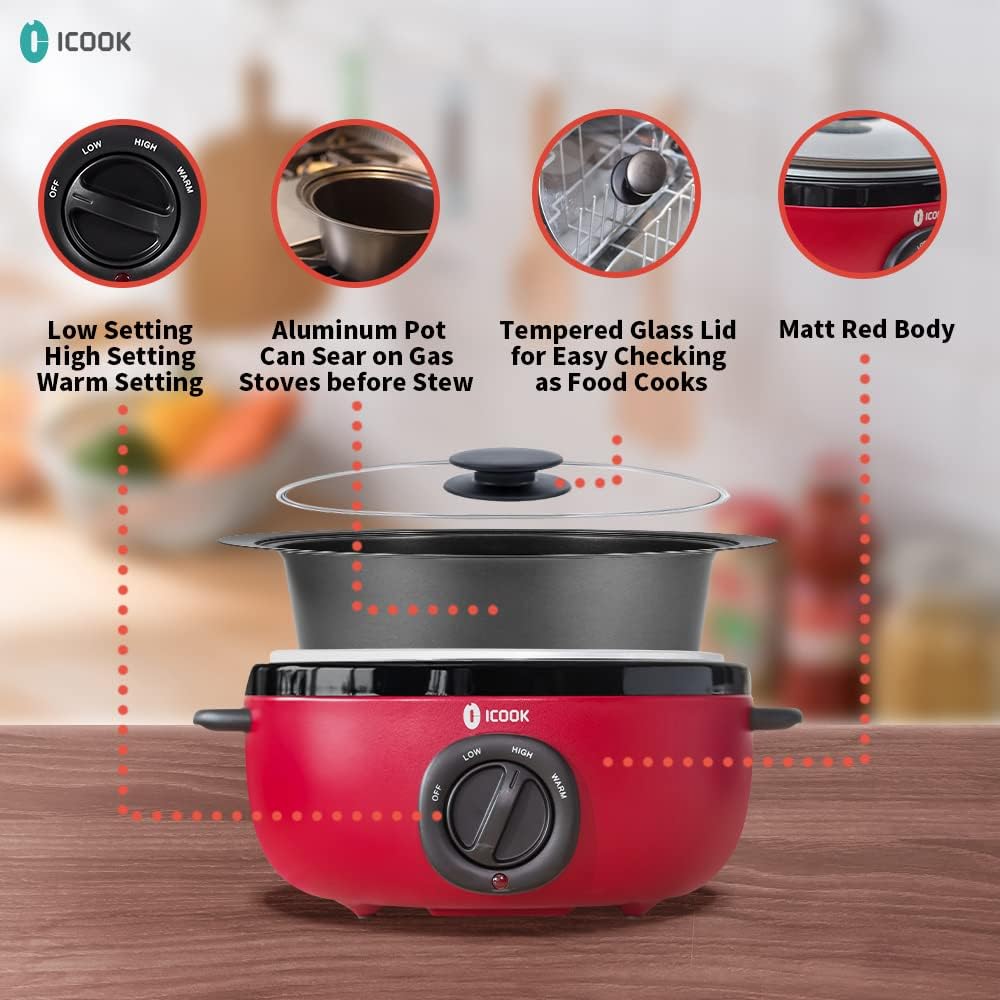 ICOOK USC-65-OP001RD 6.5 Quart Slow Cooker,Aluminium Sear/Sauté Stew Pot Stovetop safe,Dishwasher Safe,Glass Lid,Adjustable Temp,Food Warmer(Red) - Culinary Roots