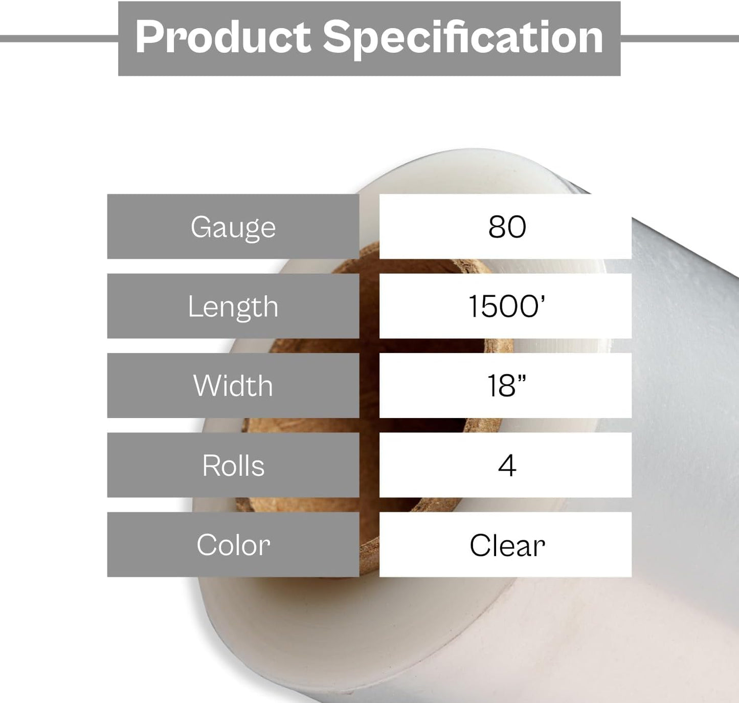 PSBM Stretch Wrap, 4 Pack, 18 Inch x 1500 Feet, 80 Gauge, Clear Plastic Cling, Cast Hand Stretch Film Rolls for Packaging Moving Packing